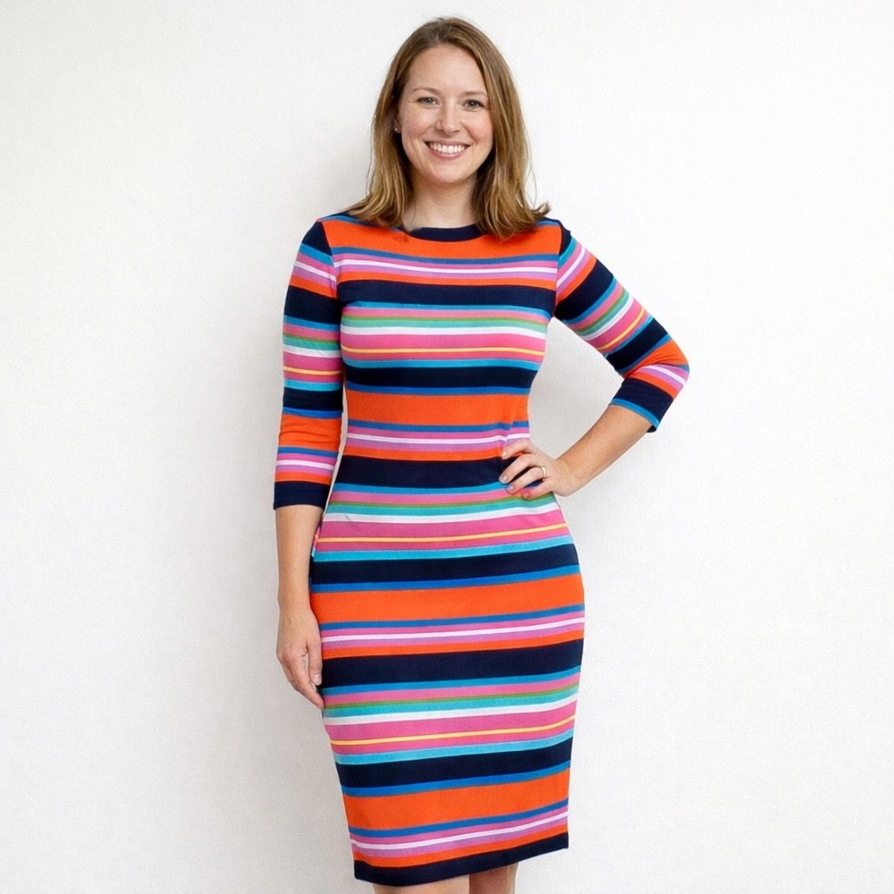 Ralph Lauren Striped Midi Dress Womens Small 3/4 Sleeve Crew Neck‎ Orange Pink